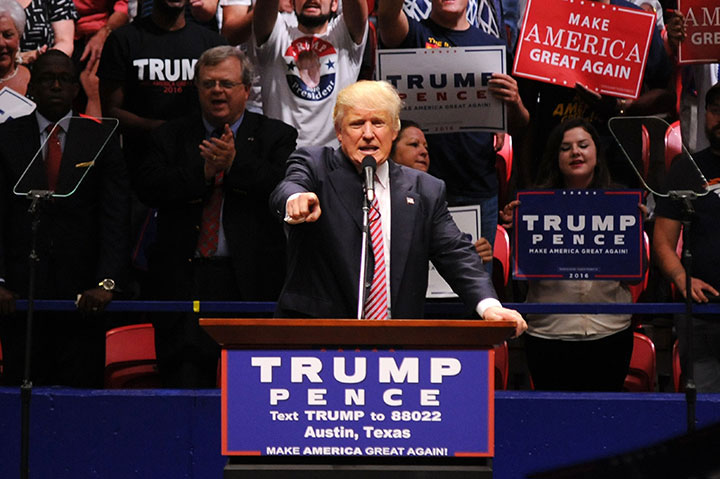 Republican presidential candidate Donald Trump speaks during a rally at the Travis County Exposition Center