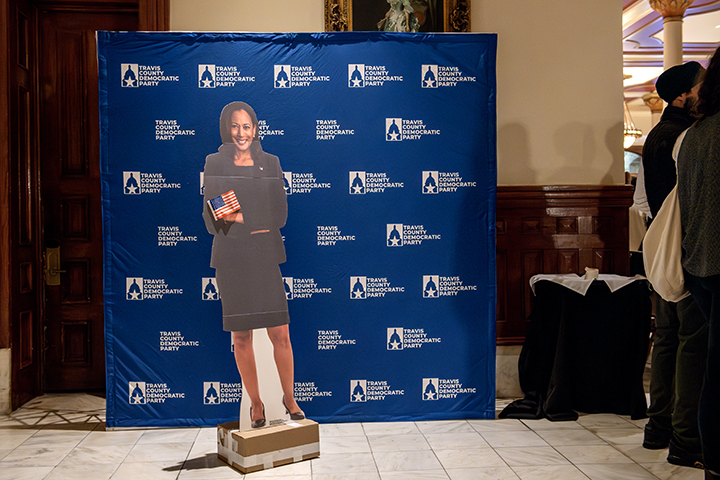 A standee of U.S. presidential candidate Kamala Harris stands alone during a Travis County Democrats election night party