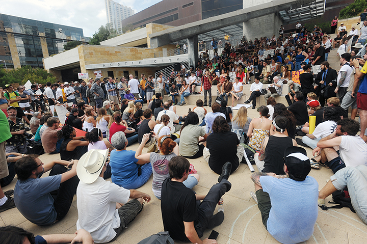 Participants gather for Occupy Austin’s first day at City Hall plaza in Austin, Texas, Oct. 6, 2011